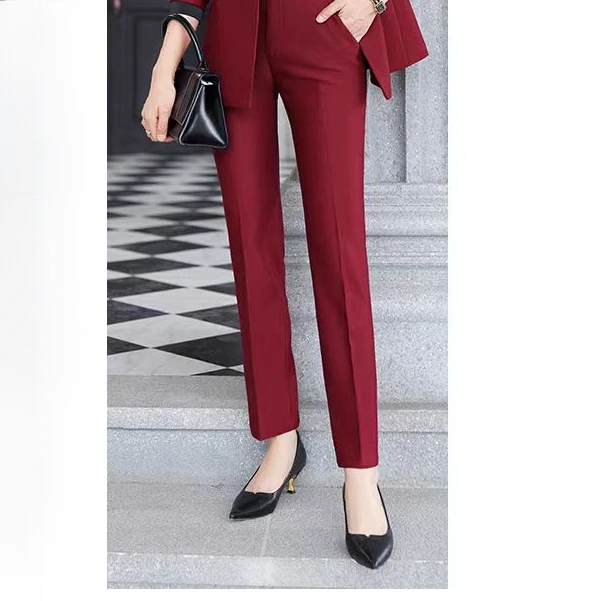 A区B14酒红色职业西裤女秋冬修身直筒通勤正装