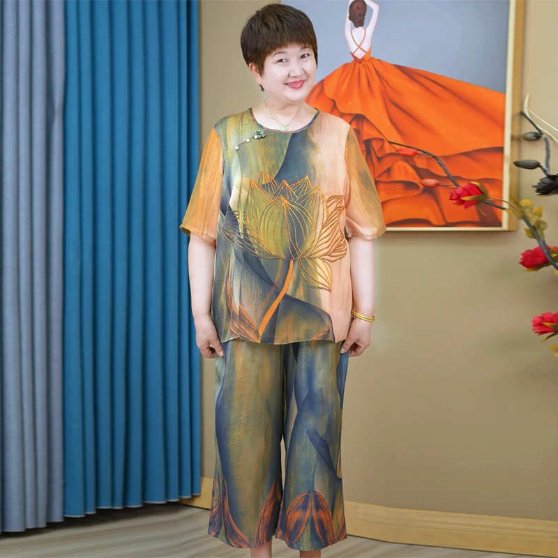 英姐大码妈妈装2025新款中老年套装加肥加大两件套上衣+裤子1327