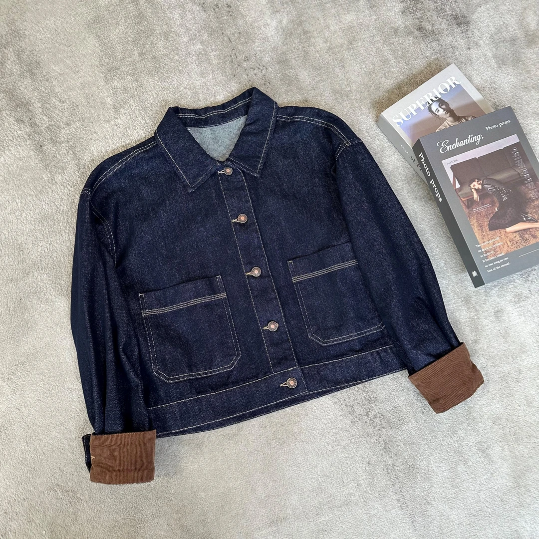 【米可家】早秋皮标袖口撞色双口袋牛仔外套693