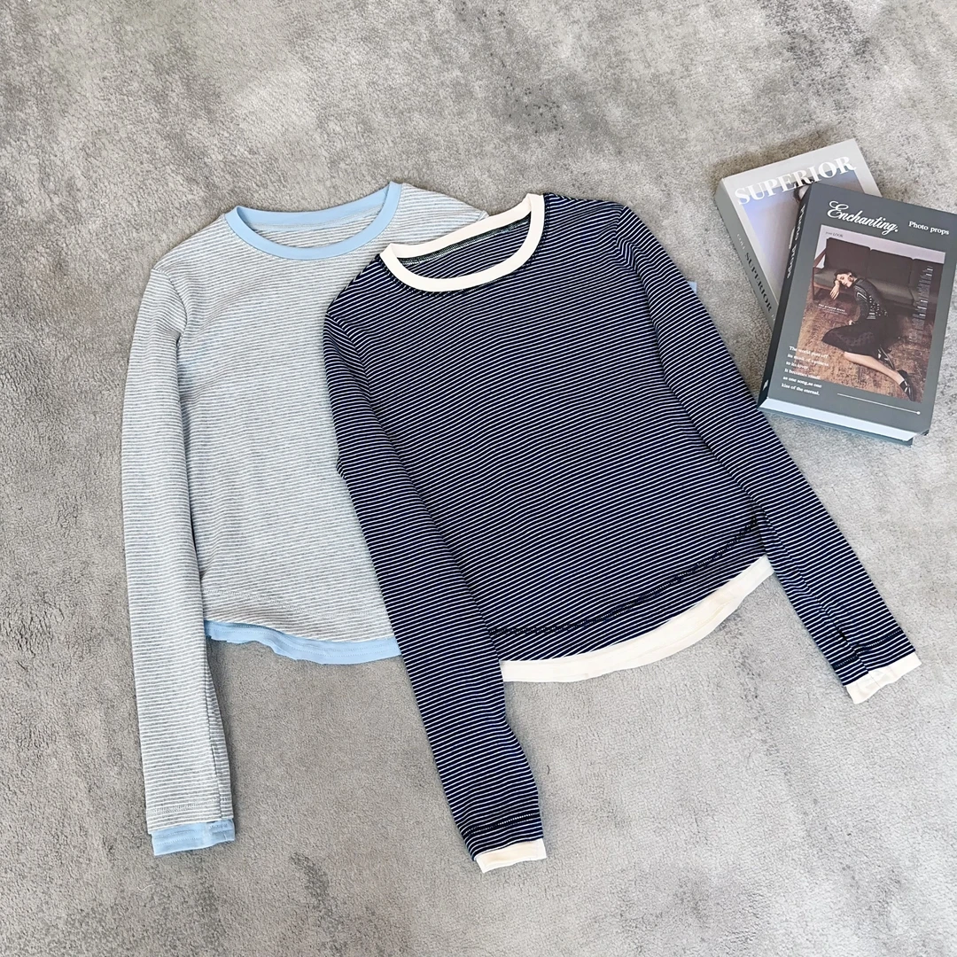 【米可家】早秋假两件圆弧下摆显瘦细条纹上衣9300