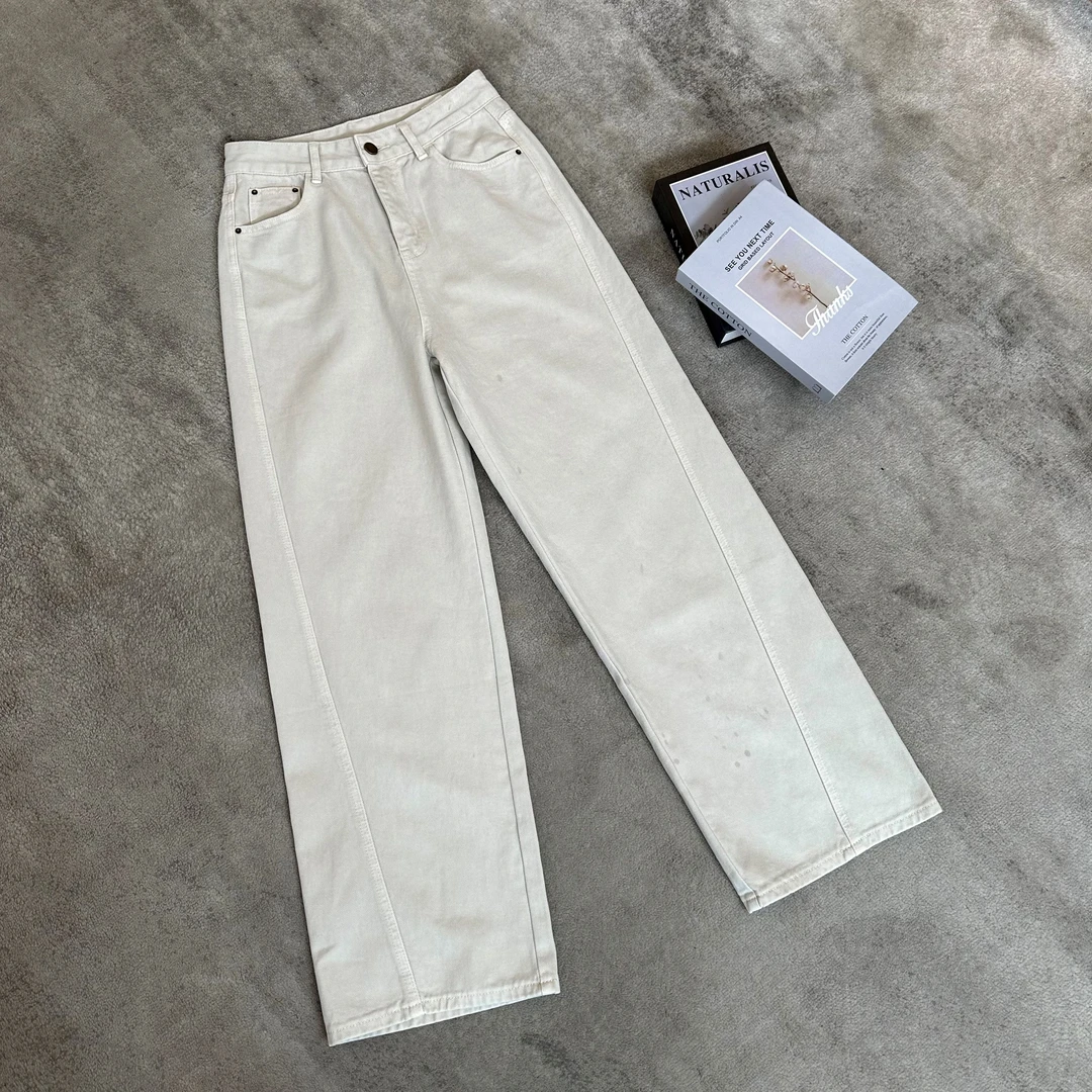 【米可家】自留款早秋米白色牛仔弯刀裤3008