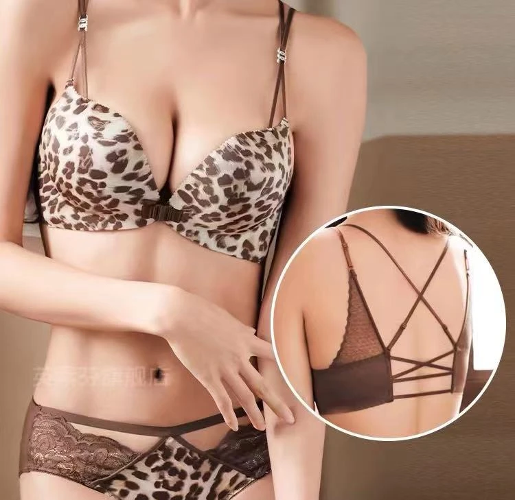 【工厂直发】豹纹前扣内衣女聚文胸胸收副乳防下垂无钢圈