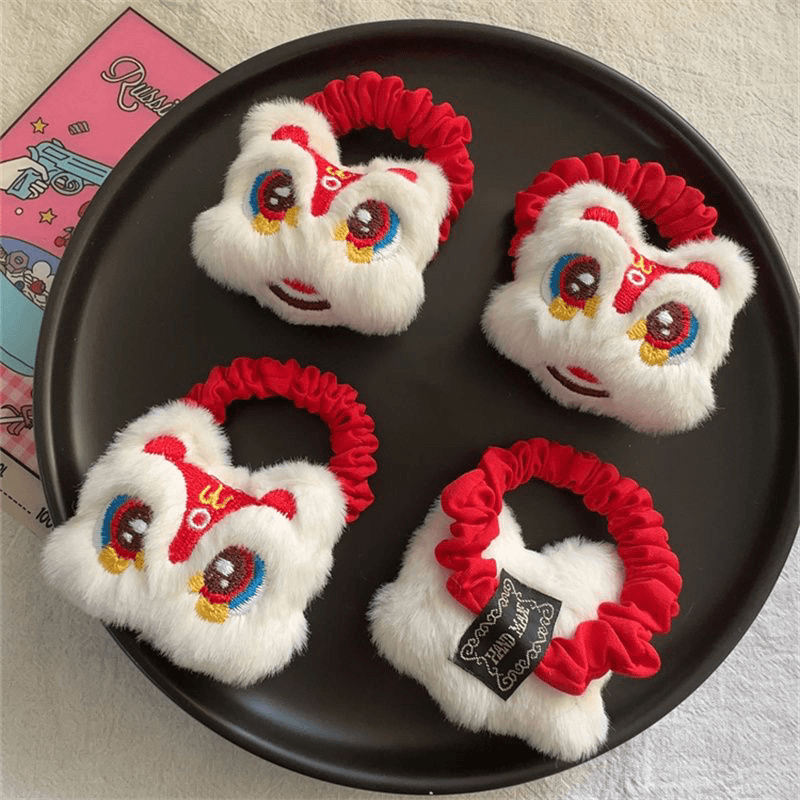中国红爱国春节国潮醒狮毛绒发圈新年醒师发夹红色龙年发圈发饰