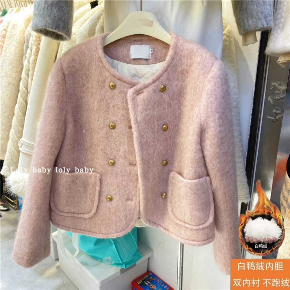 【新年大促】冬新款粉色小香风短外套女双排扣圆领羽绒服高