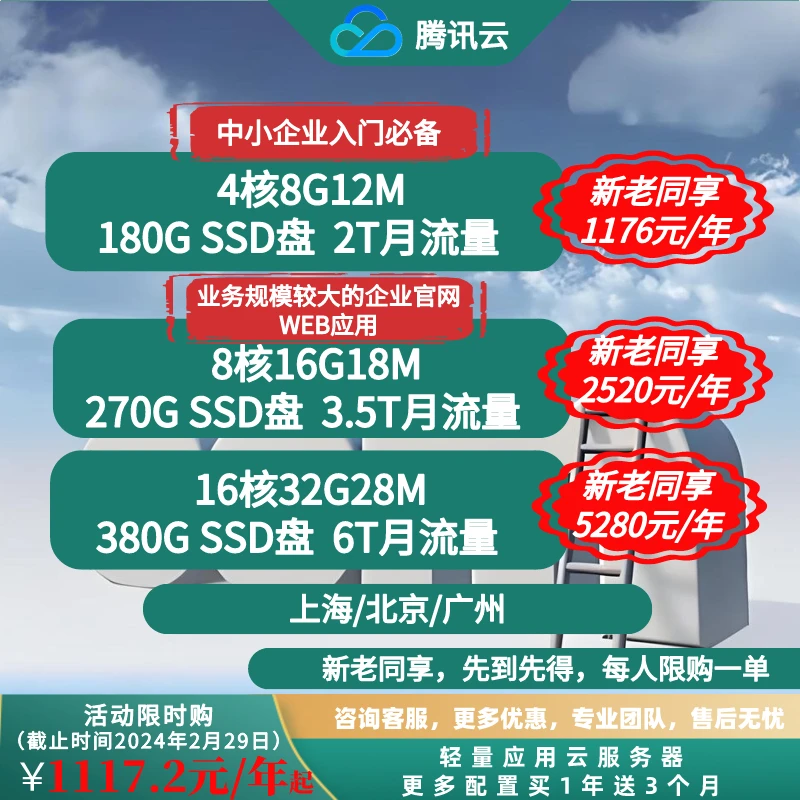 腾讯云中高端轻量服务器中小企业优选折扣云电脑主机搭建优惠