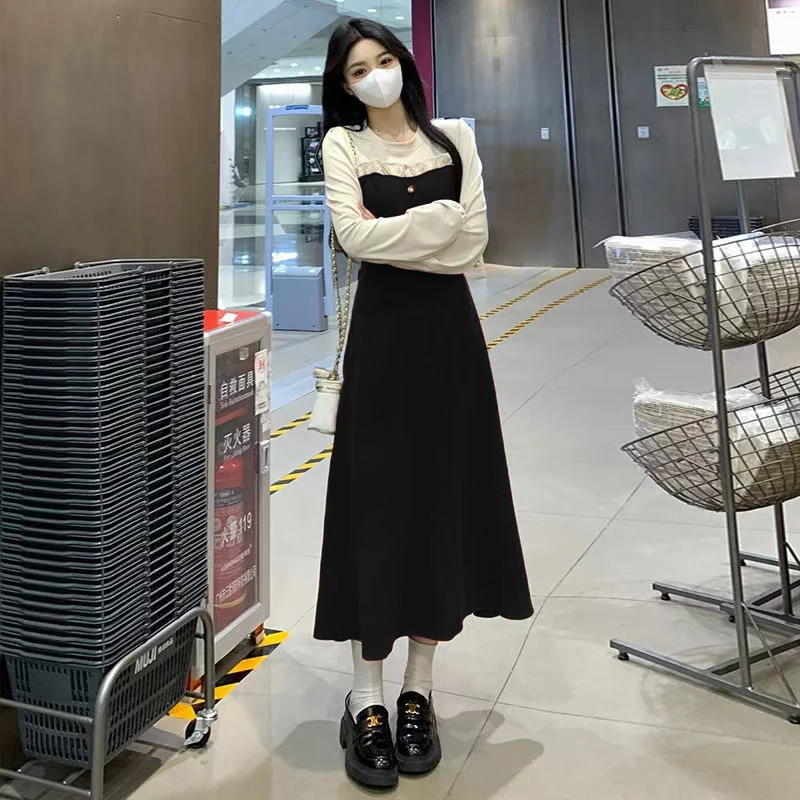 大码温柔甜美拼接假两件连衣裙女胖mm设计感收腰显瘦长裙