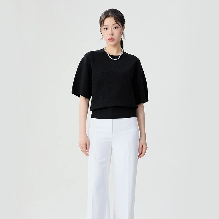 AMASS/阿玛施休闲时尚百搭极简风圆领纯色套头短袖针织衫 5399773