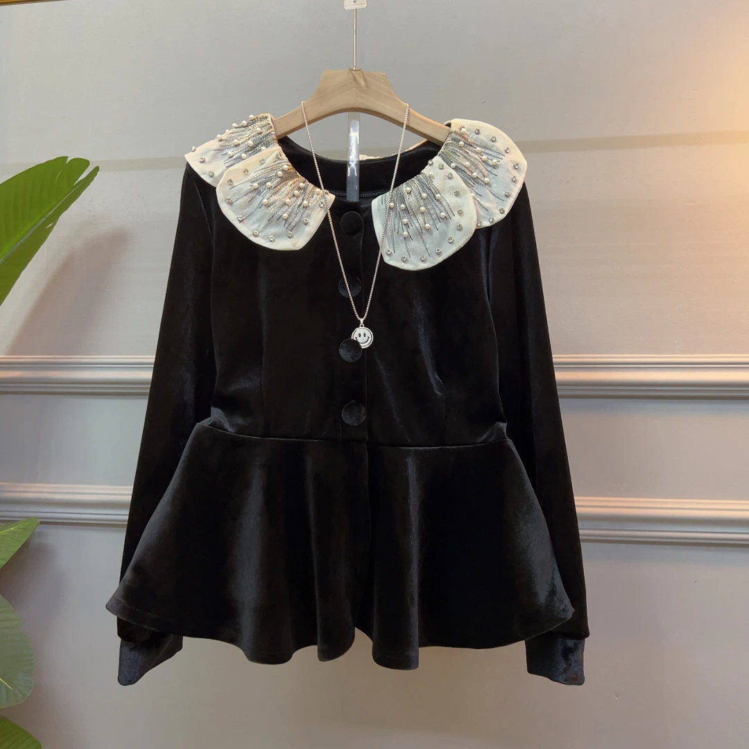 娃娃领大码女装时尚上衣荷叶设计丝绒小衫