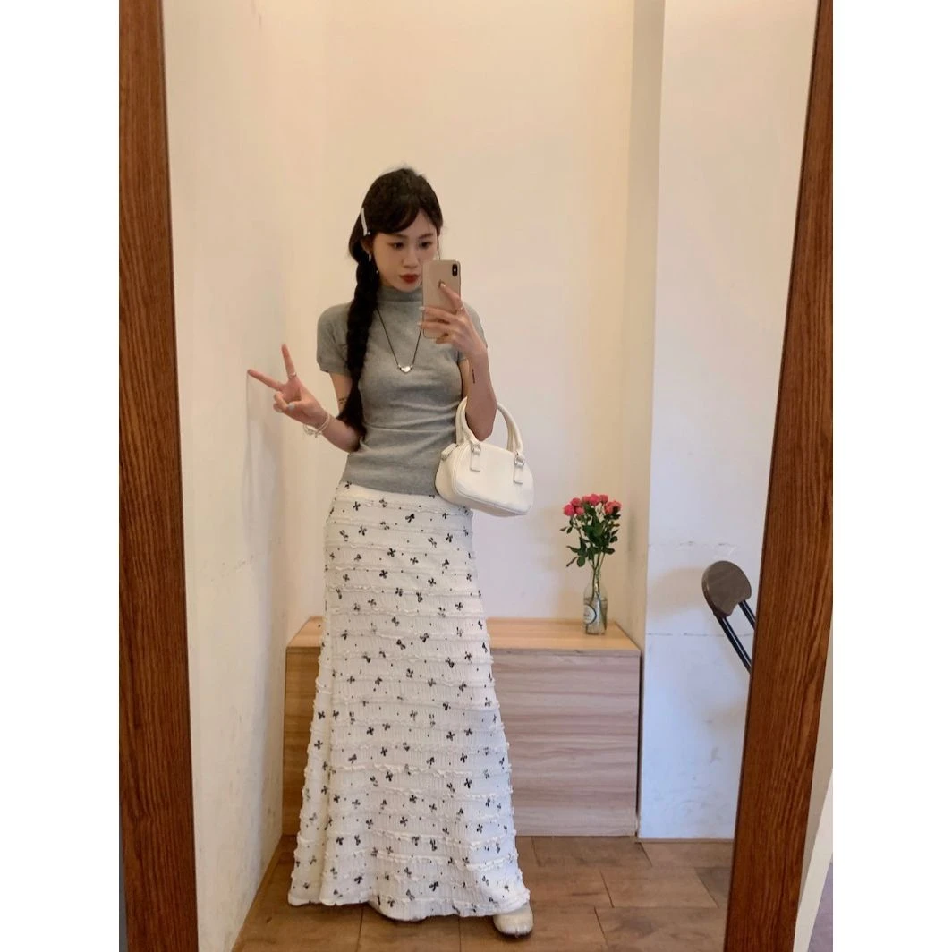 韩系度假风蝴蝶结印花蕾丝碎花鱼尾半身裙夏季显瘦纯欲长裙