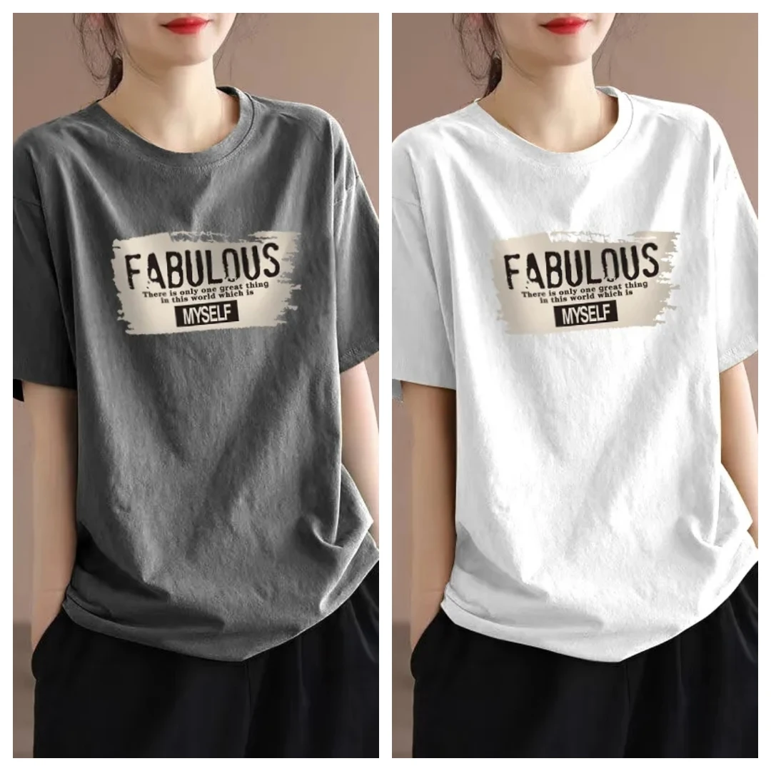 [买一送一]纯棉短袖t恤打底衫新款百搭印花休闲宽松圆领短袖t恤女