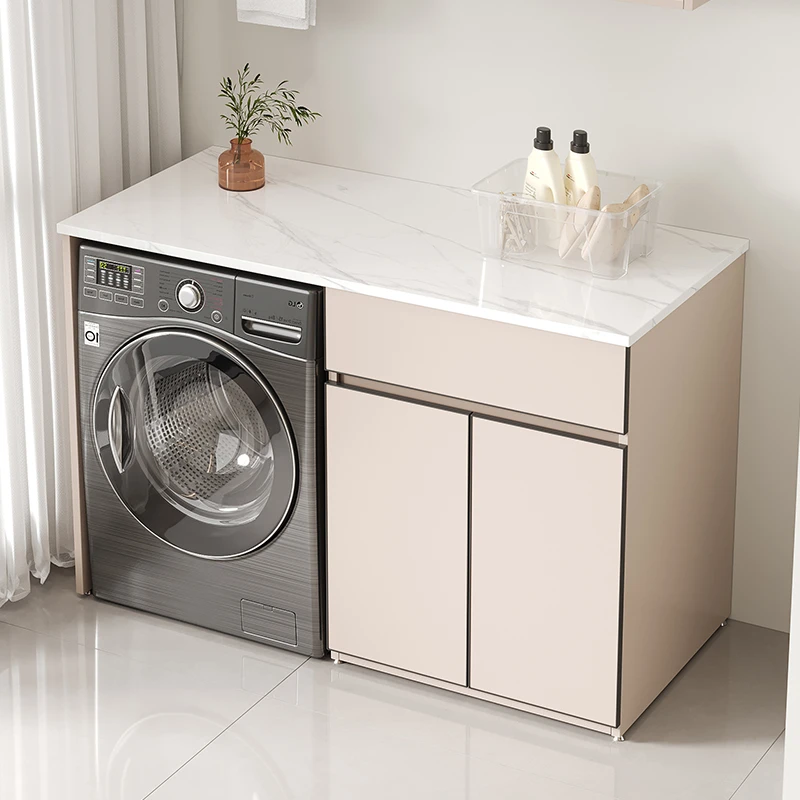 定制实木阳台洗衣机柜防潮加长岩板一体台面滚筒伴侣洗衣机置物柜