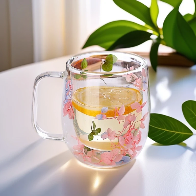 新款真花玻璃杯双层防烫隔热高硼硅玻璃咖啡杯喝水杯女生礼品杯子