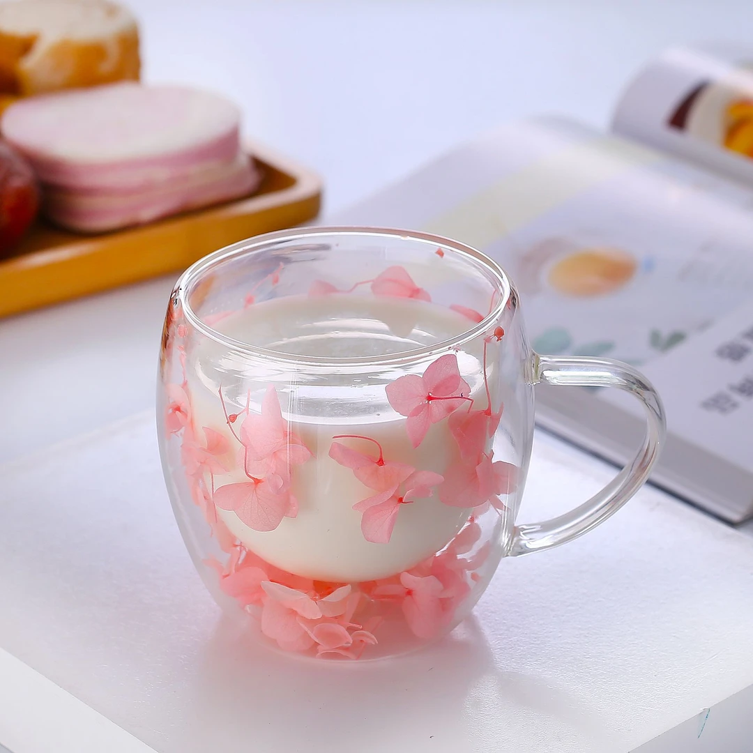 网红双层透明玻璃杯创意轻奢耐热干花玻璃咖啡杯高级感透明马克杯