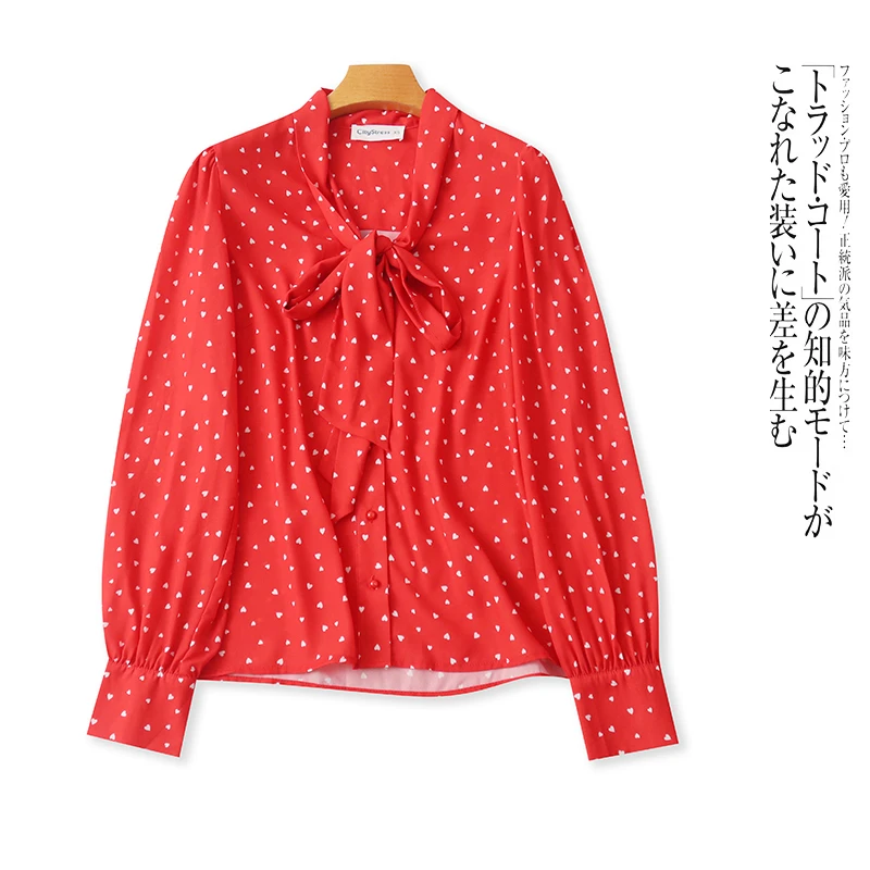 AA2867外贸欧美单女士长袖衬衫圆领系带宽松印花点点宽松衬衣