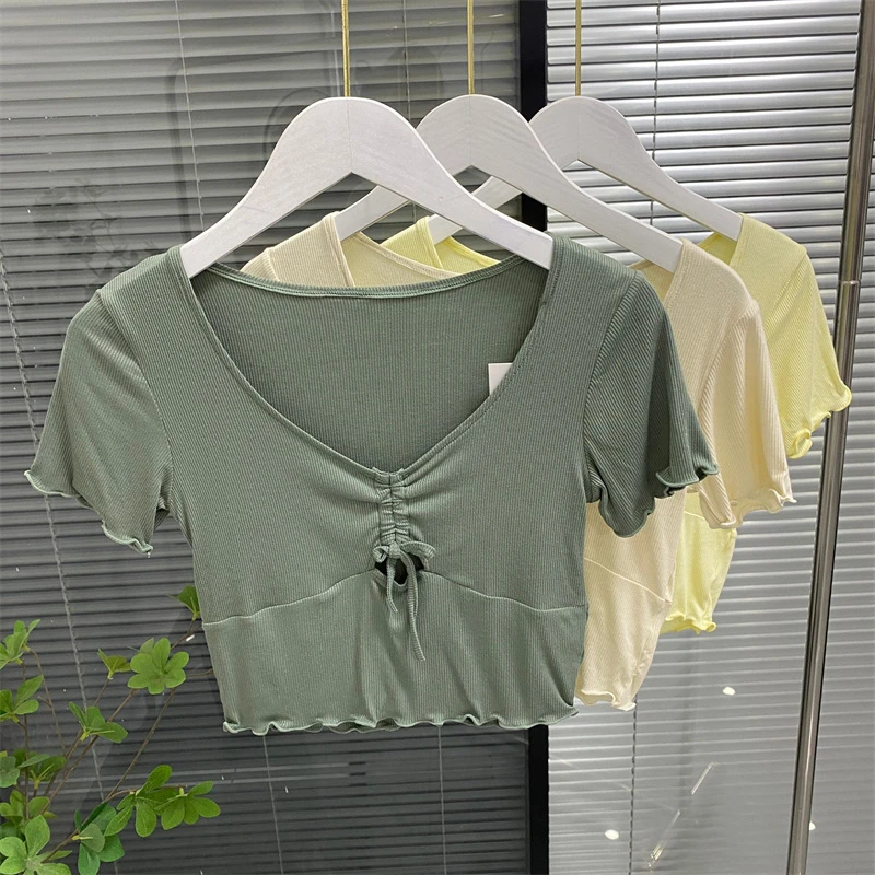 O4798外贸欧美女生短款高腰T恤圆领弹力修身时尚百搭短袖上衣