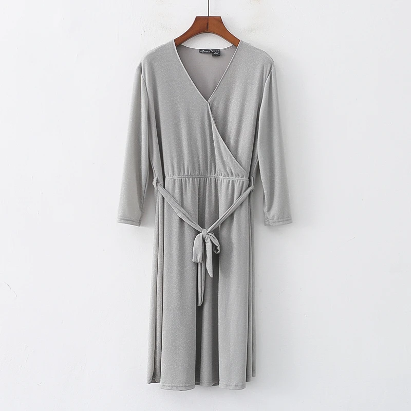 J44D6外贸欧美女装连衣裙交叉V领收腰显瘦七分袖气质时尚长裙