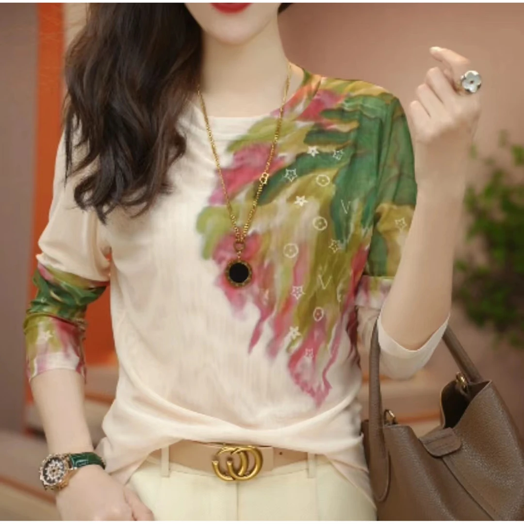 肌肤网纱上衣小衫透气双层高级百搭显瘦套头洋气圆领印花时尚气质