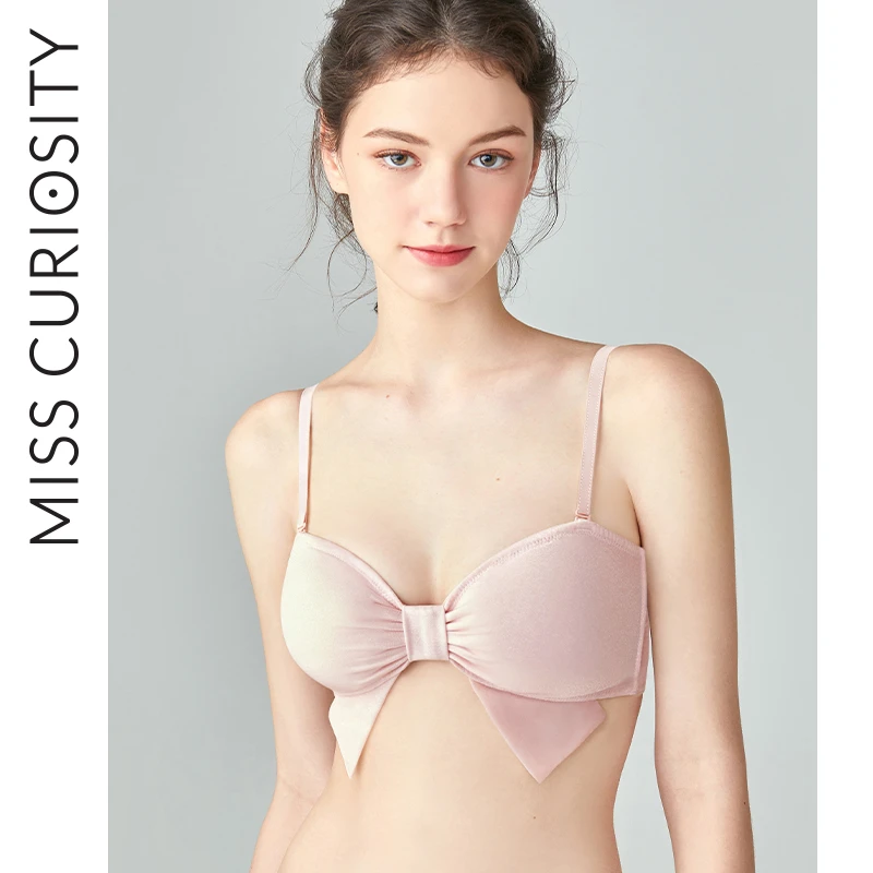 好奇蜜斯内衣女薄款文胸无钢圈闪光缎法式可爱纯欲蝴蝶结胸罩