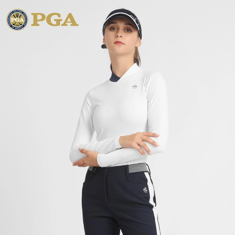 美国PGA 高尔夫女士长袖T恤秋冬新款运动面料亲肤超弹拼色立领