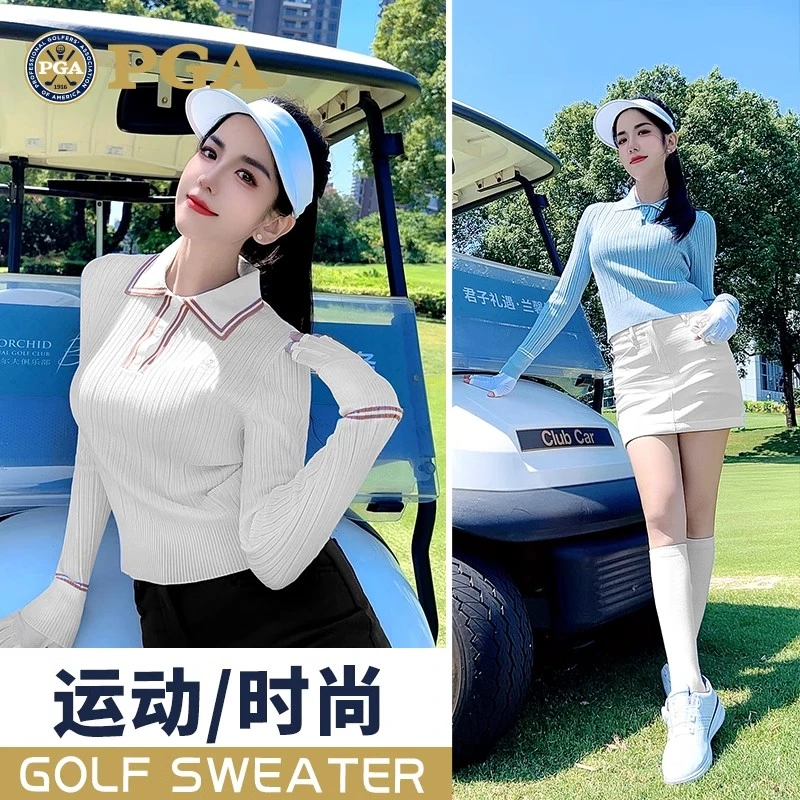 美国PGA 高尔夫服装女士毛衣保暖翻领POLO衫运动毛织上衣短裙