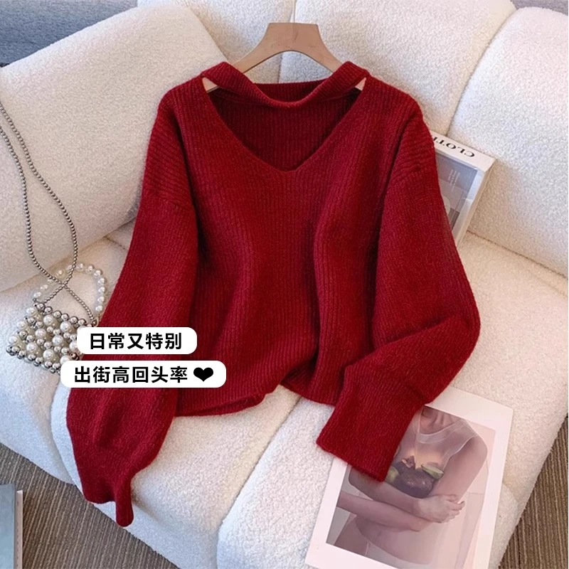 微胖妹妹大码女装冬季挂脖v领红色毛衣小香风显瘦针织衫短款上衣