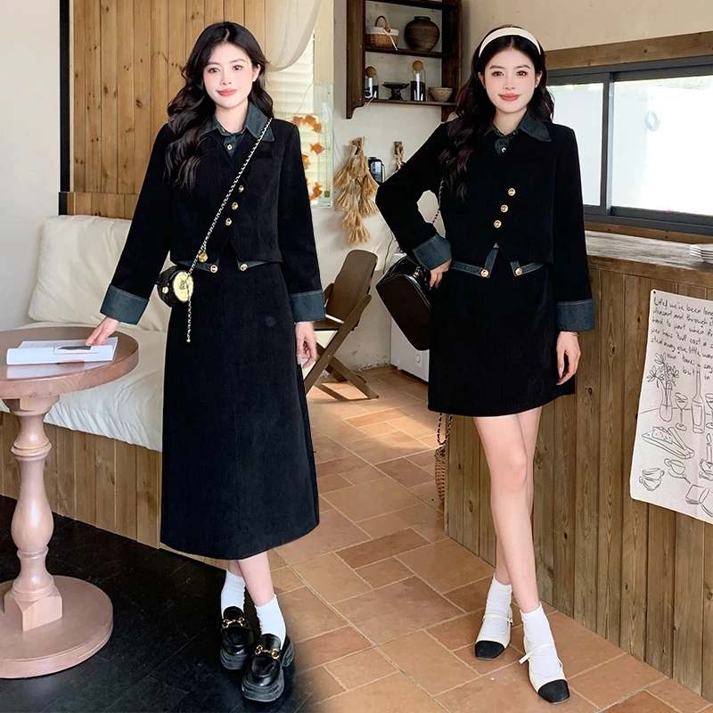 微胖妹妹大码秋冬法式赫本风显瘦气质设计感上衣半身裙两件套女潮
