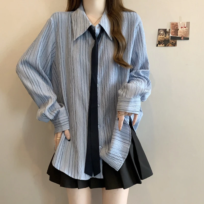 微胖妹妹大码肌理感条纹领带单排扣衬衫2024秋季宽松休闲显瘦上衣