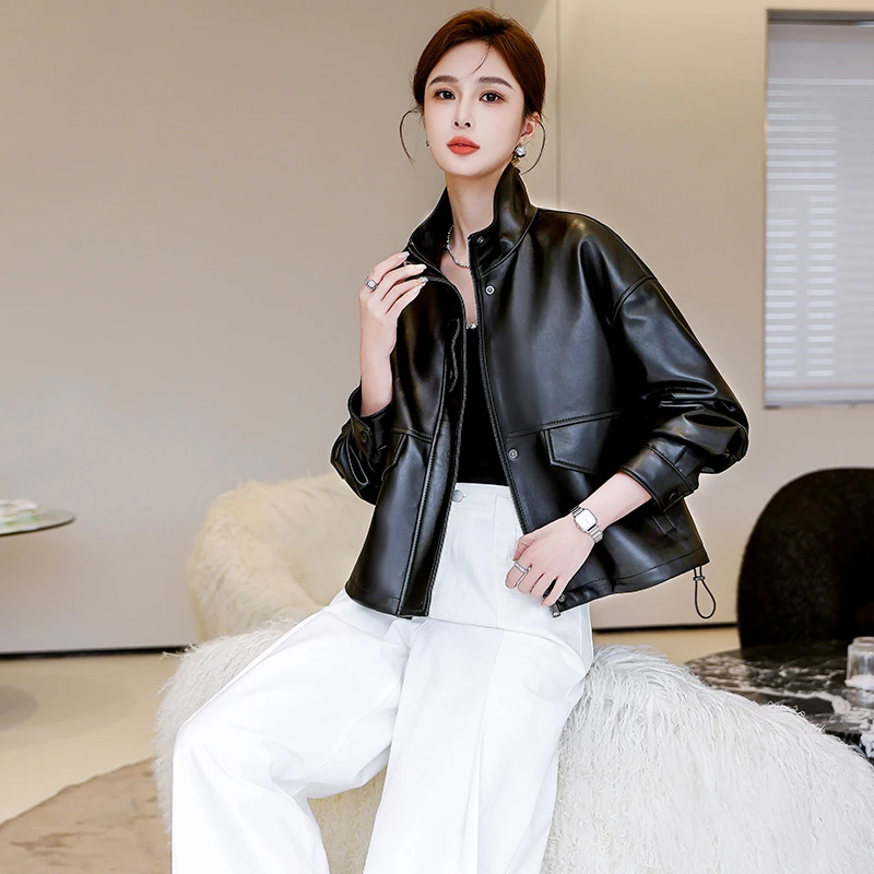 2025海宁新款秋季真皮绵羊皮短款女宽松立领时尚百搭外套