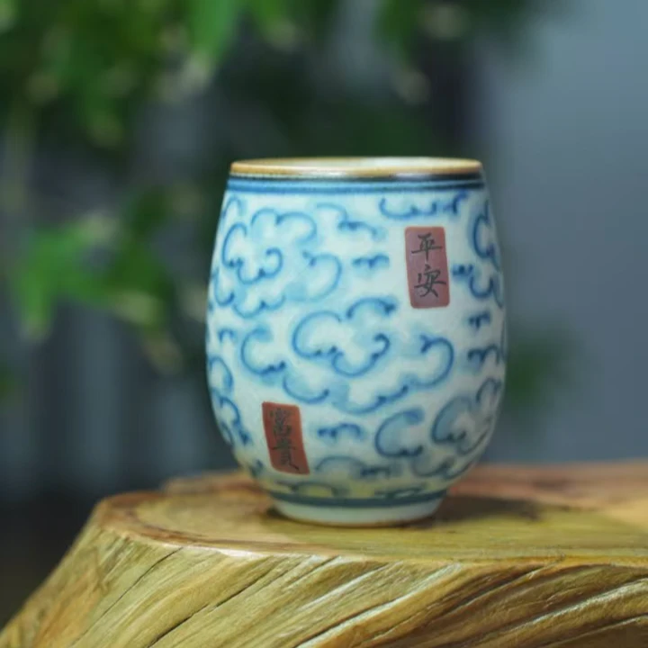 【朴云堂】青花手绘平安喜乐腰鼓杯