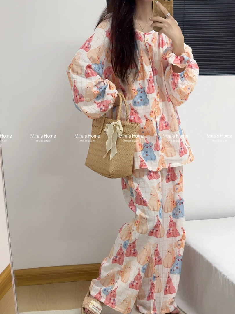 【胸垫款防凸点纯棉开襟套】Mira’s Home春秋纯棉双层棉纱长袖睡衣