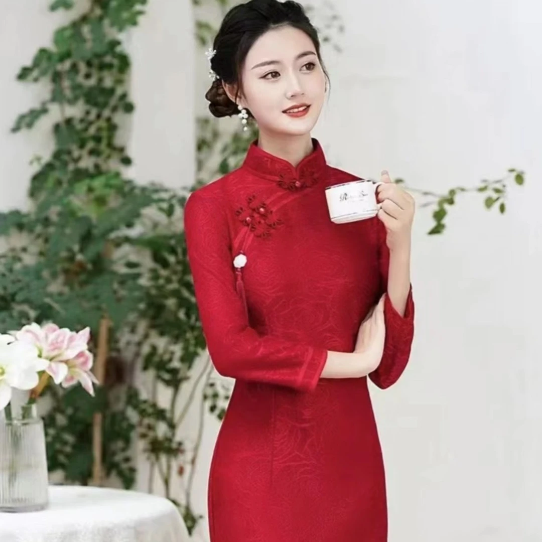 15-红红火火中长款七分袖旗袍红色修身秋款喜妈妈喜婆婆M-6XL