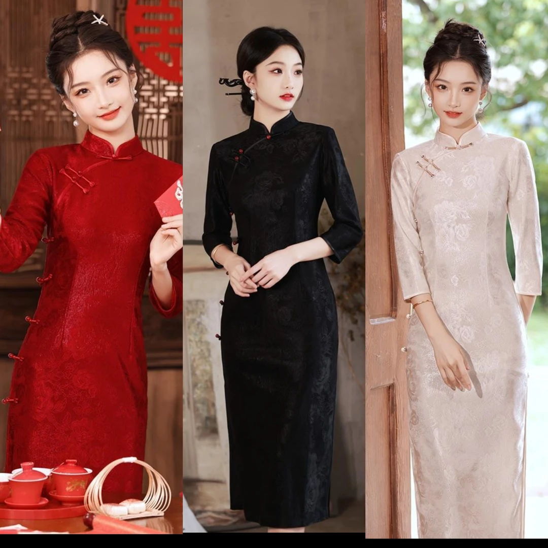 20-809中国风旗袍长款日常气质三色中式秋款复古新中式M-4XL