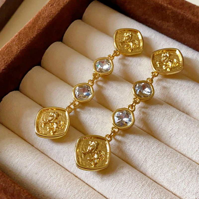 铜合金锆石耳饰 vintage中古耳饰银针镶钻几何狮子时尚长款耳环