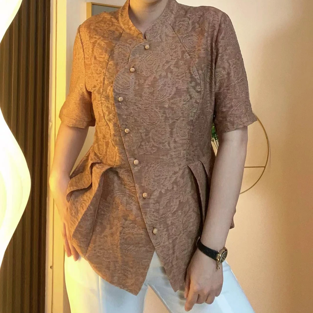 衬衫显瘦气质时尚新中式夏季复古国风圆领提花