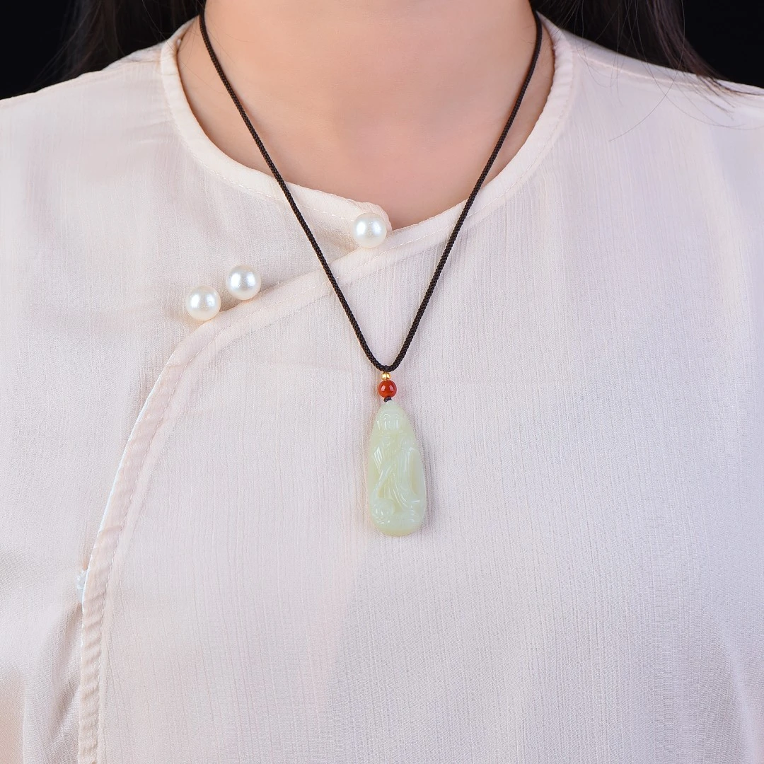 正品和田玉富贵水滴站观音菩萨吉祥如意官运亨通平安牌子挂件吊坠