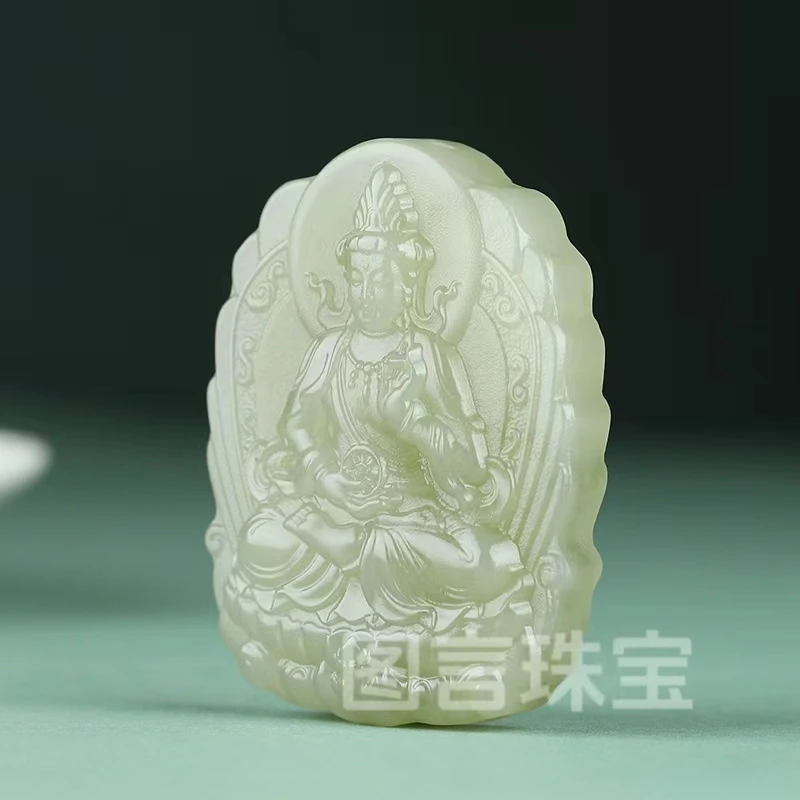 天然和田玉手工双面精雕时尚精美坐莲观音玉牌六字真言挂件吊坠