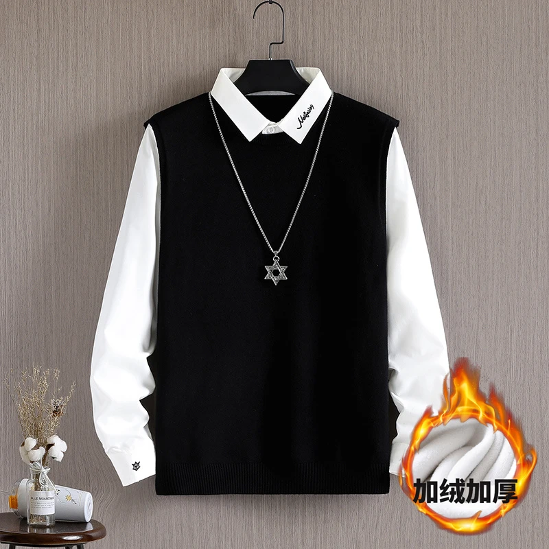 常规款/加绒加厚】春秋冬新款假两件毛衣男潮流打底高档针织保暖衣