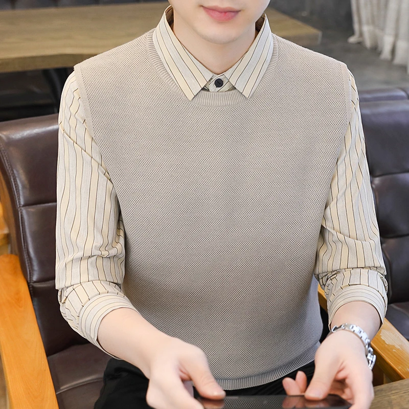 春秋季假两件毛衣男士潮高端针织衫休闲轻奢炸街衬衫领线衣不起球