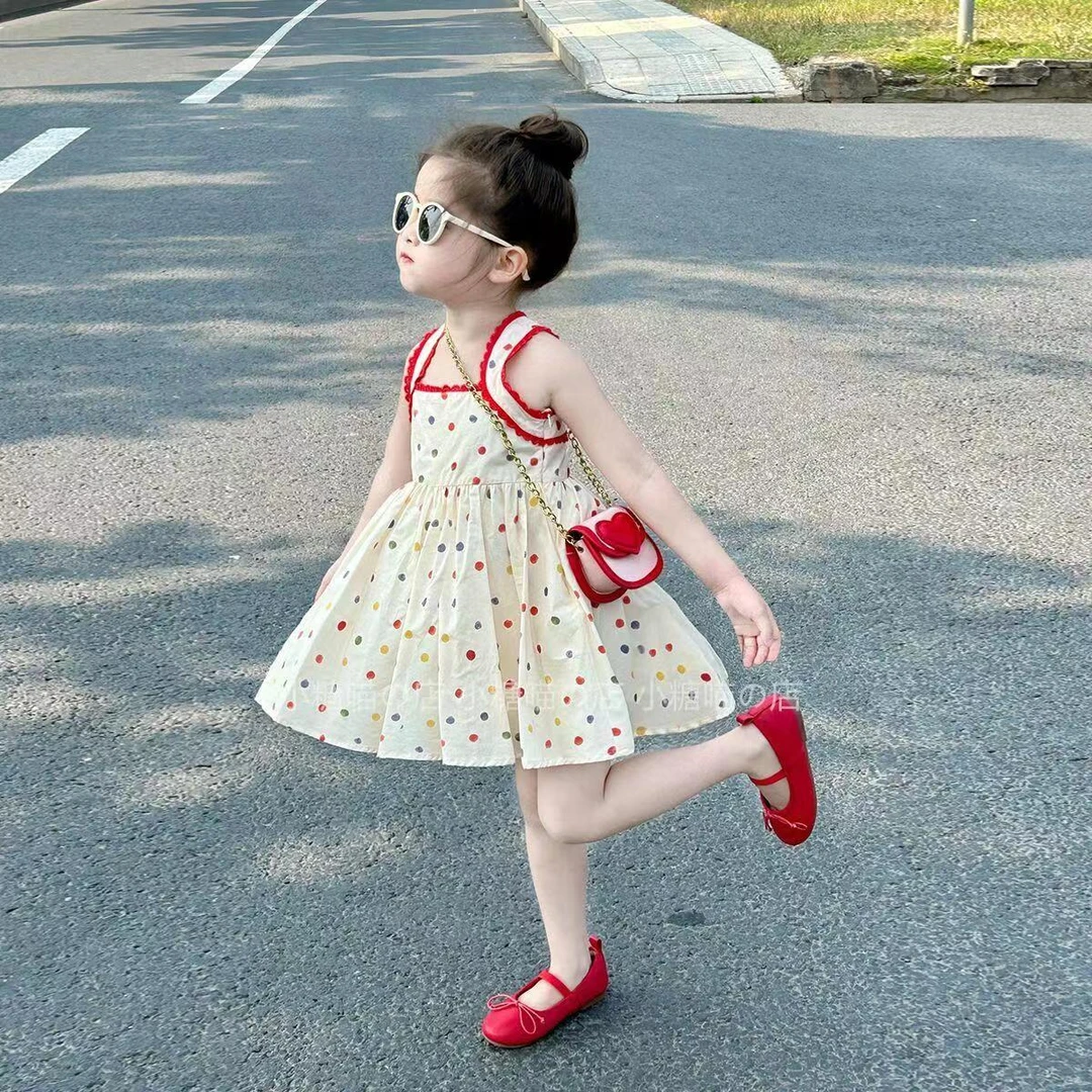 韩国童装2025夏季新款女童甜美彩色波点吊带裙女宝宝时尚露背裙子