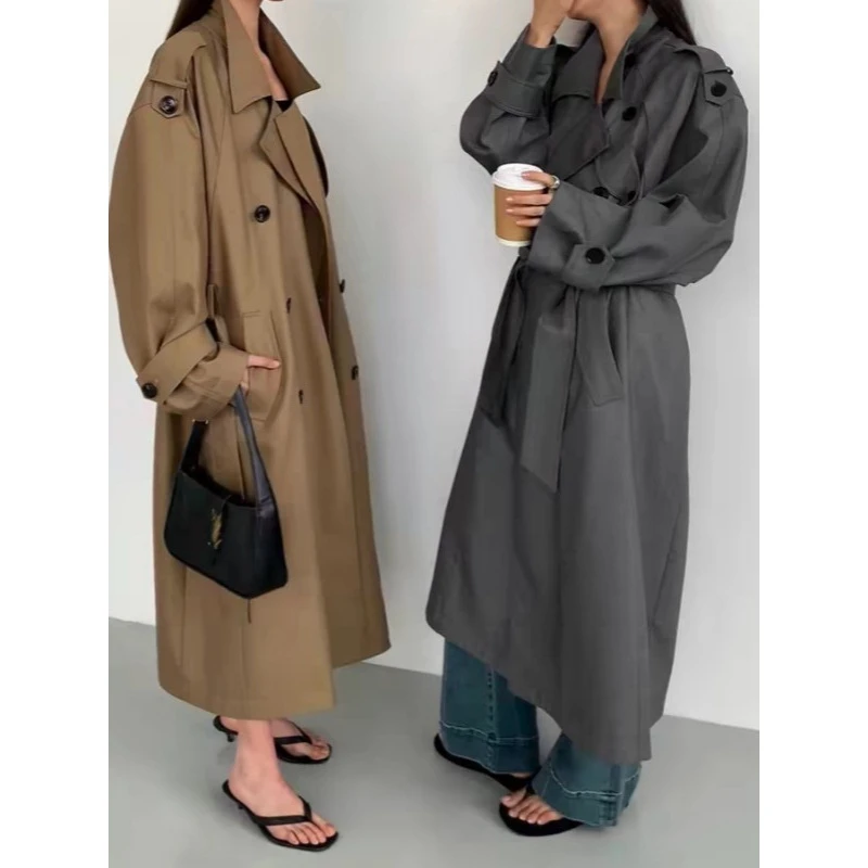 巴黎旧梦经典廓形大翻领双排扣中长款气质风衣外套女