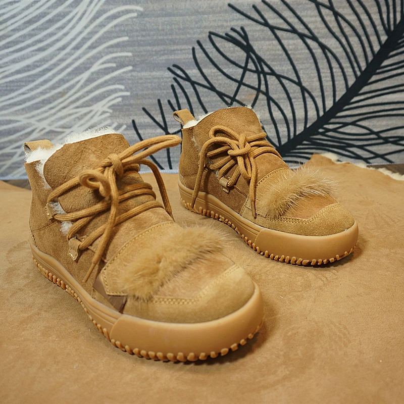 冬季新款真皮羊皮 系带橡胶底厚底保暖中筒靴  7-12