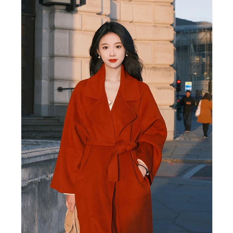 红色宽松气质双面绒2025秋冬新款高级感双面呢韩版红色毛呢大衣