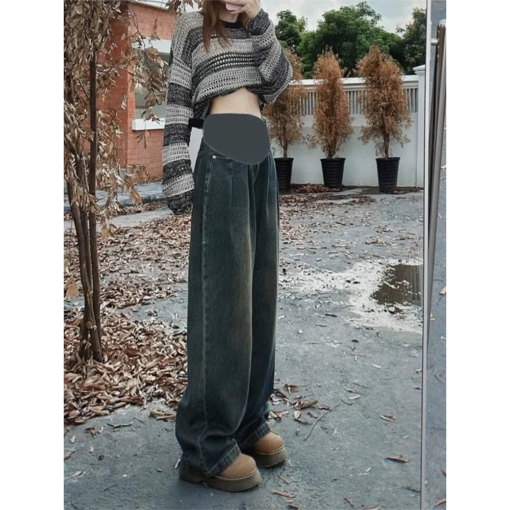 孕妇裤秋冬款2025新款外穿怀旧蓝直筒牛仔阔腿裤秋冬季保暖裤加绒