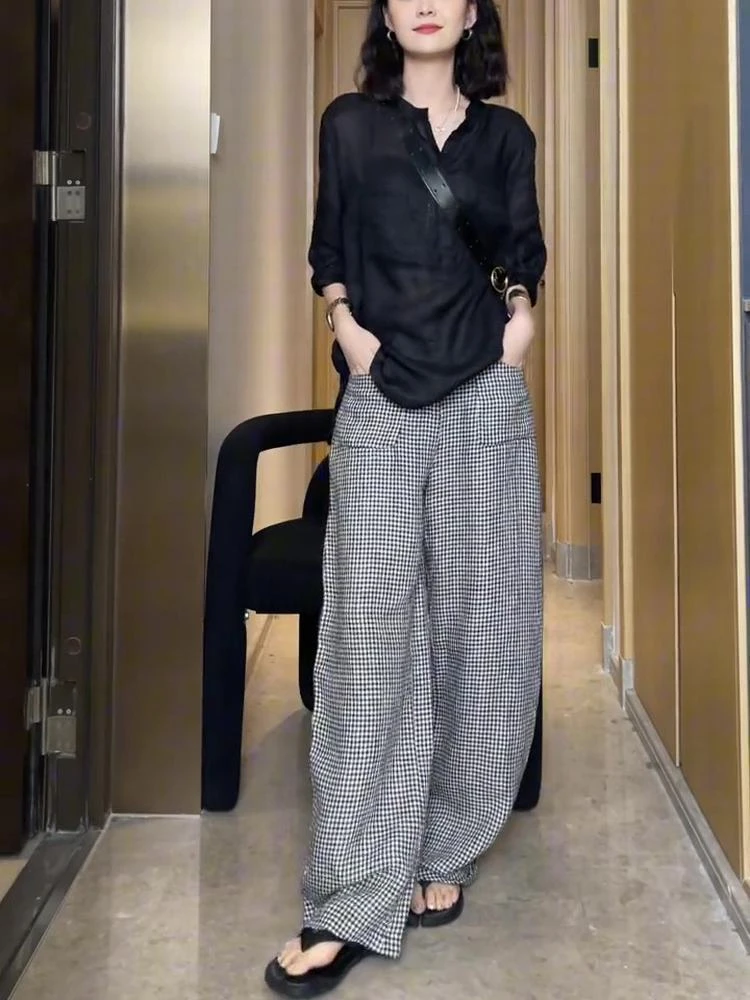 时尚气质韩版简约高档瘦版阔腿裤女夏季新款遮肉百搭格子休闲长裤