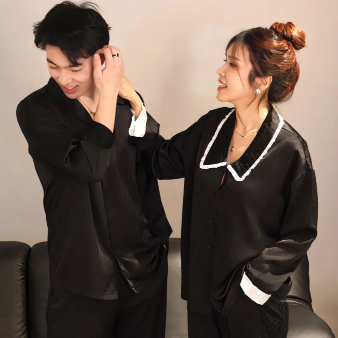 LARK【绫罗】春秋提花冰丝情侣家居服男女薄款秋季女套装男秋长袖