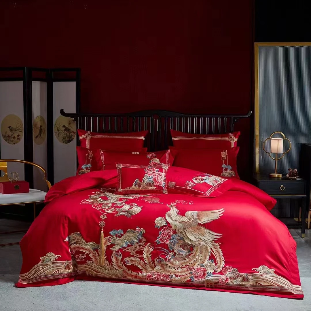 结婚大红床上用品一百六十支全棉婚庆刺绣六件套