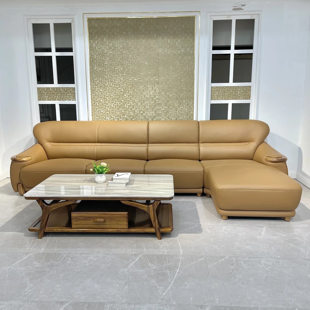 巨振 现代简约乌金木头层牛皮沙发客厅贵妃转角组合365-95-93-170