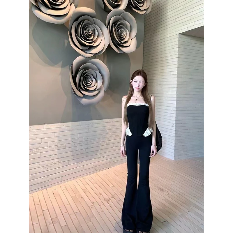 2024夏季新款辣妹黑色一字肩鱼骨名媛抹胸上衣高腰直筒微喇休闲裤