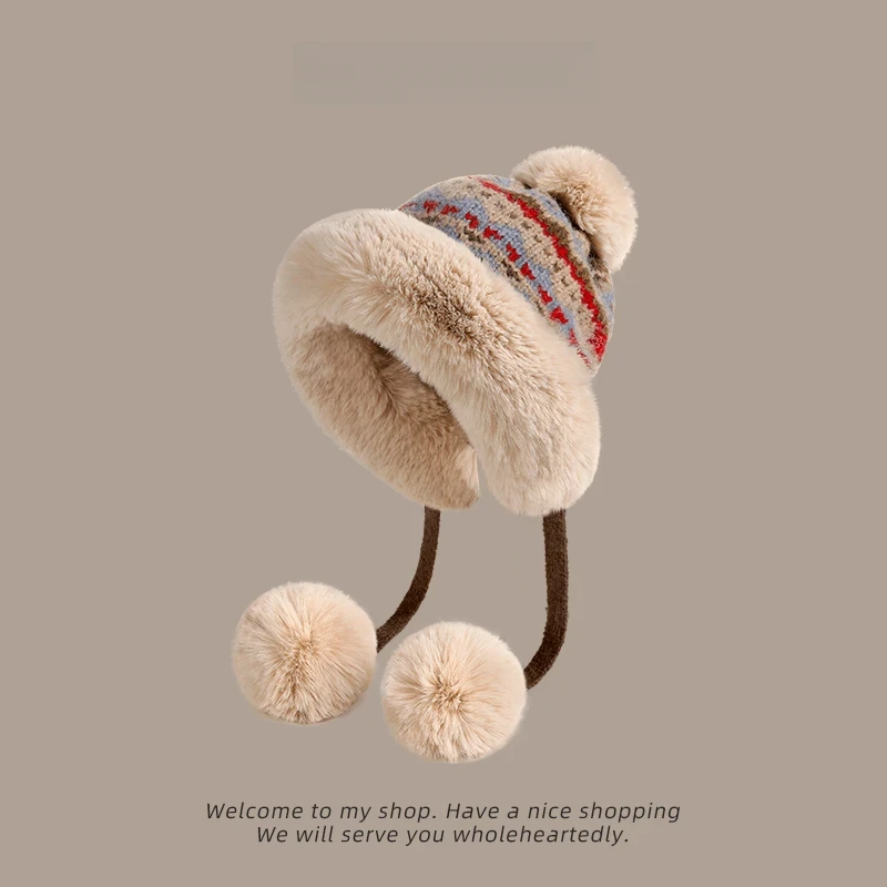 帽子女冬季新款可爱百搭毛绒针织帽子加厚保暖护耳防寒包头帽复古