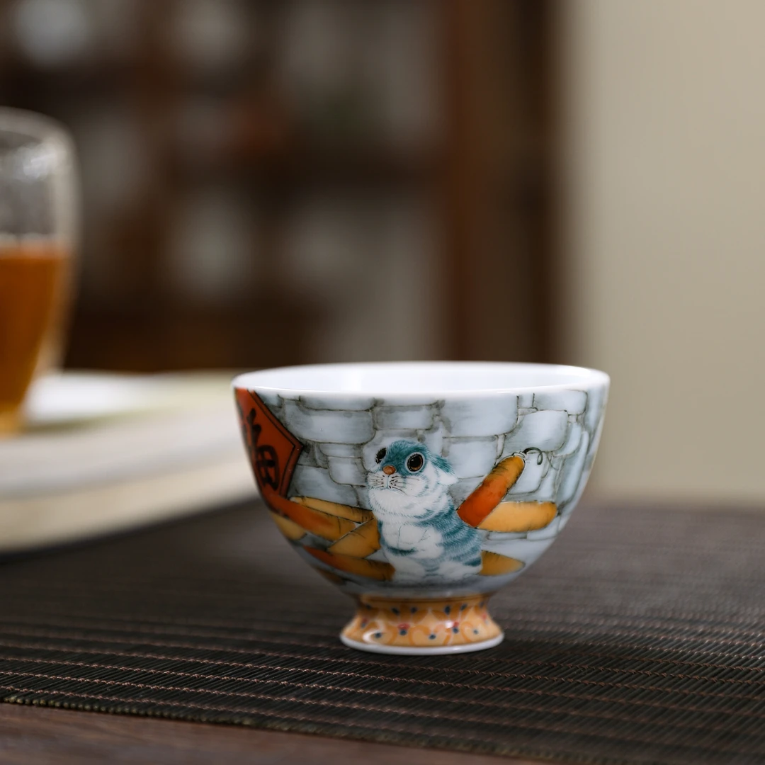 官润窑 釉下手绘主人杯品茗杯手拉坯禅心杯陶瓷功夫茶杯瑞兔呈祥
